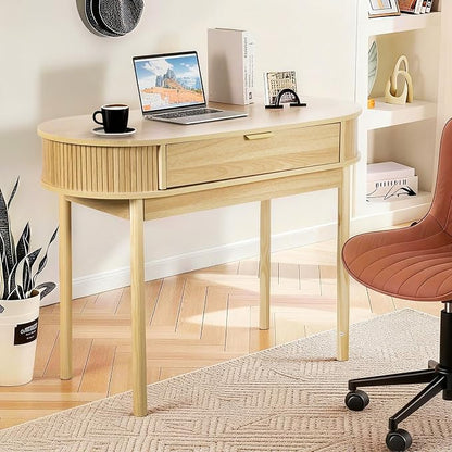 Fluted Small Computer Desk with Drawer, 40 Inch Mid-Century Modern Writing Desk with Solid Wood Legs,Compact Study Table for Small Spaces, Home Office, Bedroom,Natural