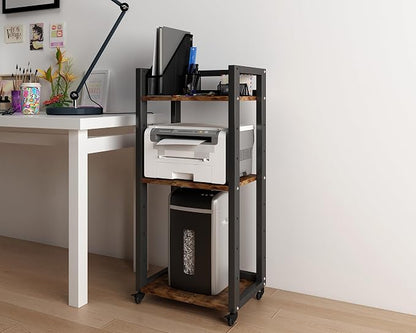 Natwind 3-Tier Movable Printer Stand Floor-Standing Desk Side Shredder Stand Computer Host Holder Adjustable Storage Shelf Rack on Wheels for Fax Scanner File Book (Retro)