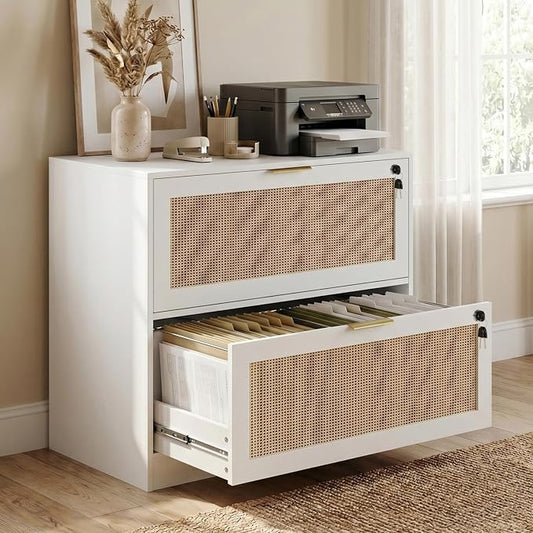 HOPUBUY 2 Drawer File Cabinet with Lock, Printer Stand Lateral Filing Cabinets for Home Office and School, Wood Rattan File Cabinet for Hanging Files/Letter/Legal/A4/F4 Size, White