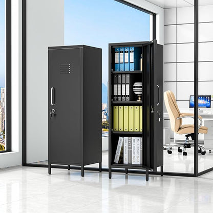 pozdeg 47.24" Metal Storage Locker with Lockable, Employees Metal Steel Locker with 1 Door ＆ 3 Adjustable Shelves, Small Locker Storage Cabinets for Home, School, Office, Gym (Black)