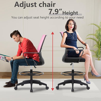 BestOffice Drafting Chair Tall Office Chair Adjustable Swivel Rolling Mesh Height with Lumbar Support Arms Footrest Mid Back for Adults Standing Desk Drafting Stool (Light Pink)