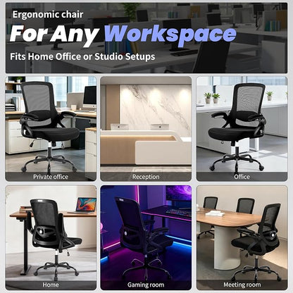Executive Office Chair with Adjustable Lumbar Support Flip-Up Arms,Black | Executive Mesh Office Chair with Adjustable Lumbar Support, Flip-Up Arms, Thick Foam Seat, Swivel Rolling Chair, 400lbs