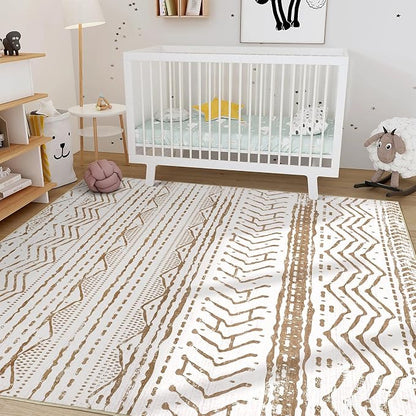 Nakagishi Area Rugs 8x10 Living Room: Washable Boho Large Neutral Soft Farmhouse Rug Stain Resistant Modern Geometric Indoor Floor Carpet for Bedroom Nursery Playroom Office Dining Room- Brown White