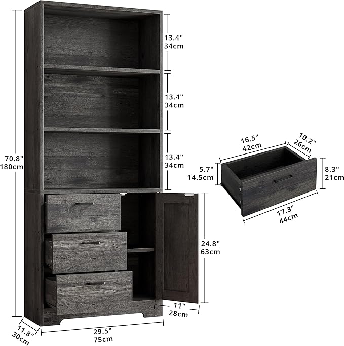 IRONCK Bookshelf with Doors and 3 Drawers 71 in Tall Bookcase with 3-Tier Shelves, Industrial Book Shelf with Storage for Living Room Entrance Hallway Home Office