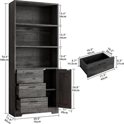 IRONCK Bookshelf with Doors and 3 Drawers 71 in Tall Bookcase with 3-Tier Shelves, Industrial Book Shelf with Storage for Living Room Entrance Hallway Home Office