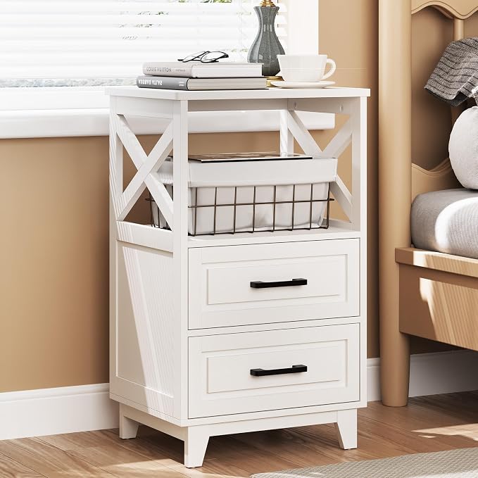 RoyalCraft 30" Tall Nightstand, Modern Painted Bedside Table with 2 Drawers and Open Shelf, Wood Side Table for Bedroom, Home Office, White-Open Shelf Above, Set of 1