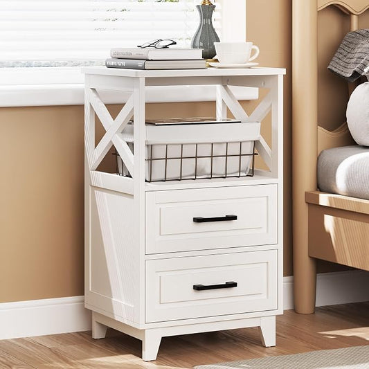 RoyalCraft 30" Tall Nightstand, Modern Painted Bedside Table with 2 Drawers and Open Shelf, Wood Side Table for Bedroom, Home Office, White-Open Shelf Above, Set of 1
