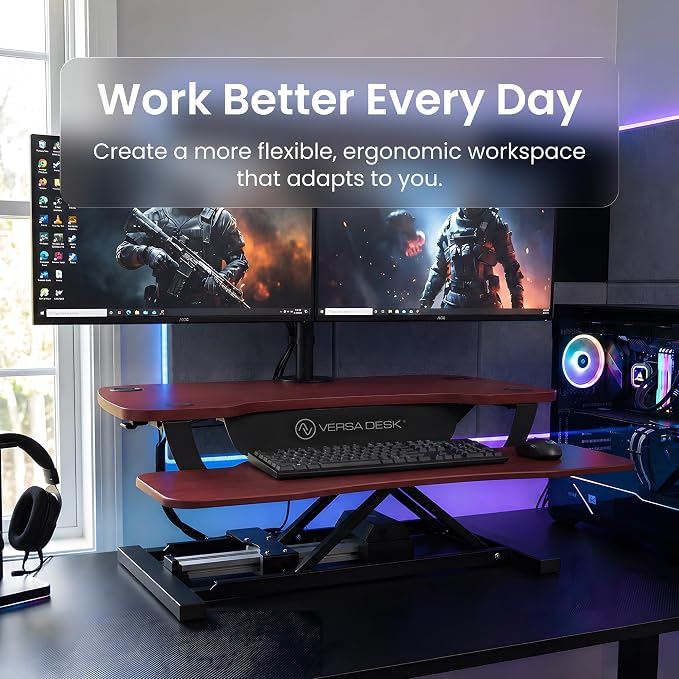 PowerPro 40 Inch Electric Standing Desk Converter – Push-Button Height Adjustable Sit to Stand Desk Riser for Triple Monitors & Laptop – Motorized Desktop Workstation with Wide Keyboard Tray