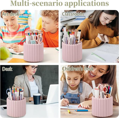 Anyoifax 360° Rotating Pen Holder 7 Slots Desk Organizer Removable Pencil Cup Plastic Art Supplies and Accessories Desktop Storage Box Caddy for Office, School, Home (Pink)