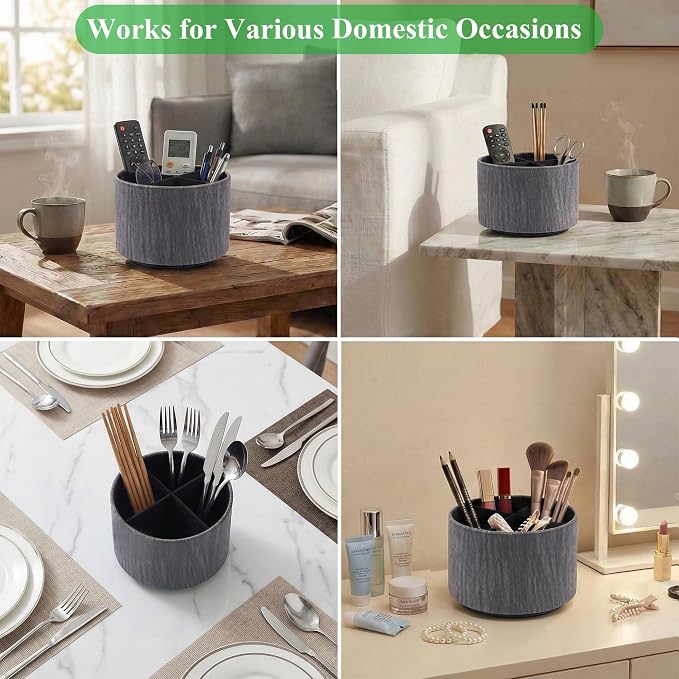 Round Leather Art Supply Organizer,Remote Control Holder,360 Degree Spinning,Multi-Functional Pencil Holder,4 Compartments Desktop Stationary Organizer(1-Thin Wood Black)