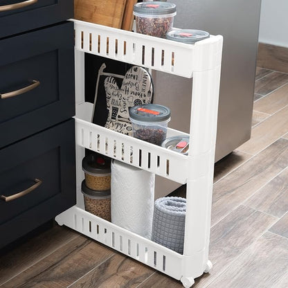 Simplify 3 Tier Slim Slide Out Storage Cart | Multi-Purpose Organization | Rolling | Wheels | Small Space | Laundry Room | Kitchen | Bathroom | Office | White