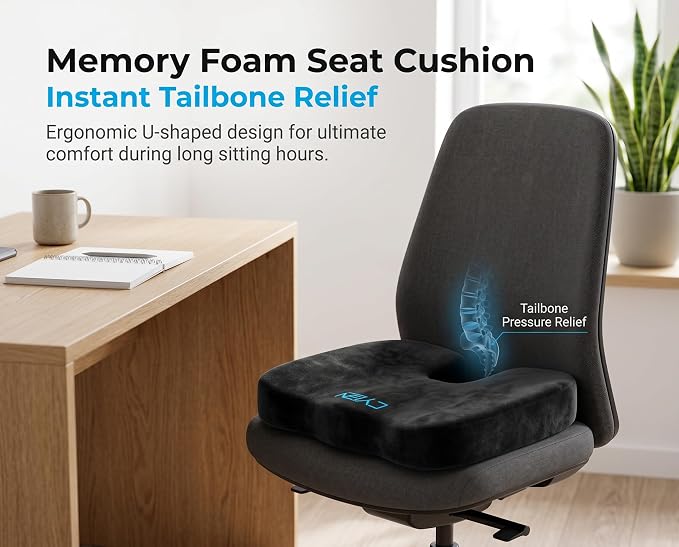 CYLEN Home Office Seat Cushion – Memory Foam Chair Cushion with Gel-Infused Material for Tailbone & Coccyx Pain Relief, Non-Slip Bottom, Machine Washable Cover – for Car, Wheelchair(Matte Black)