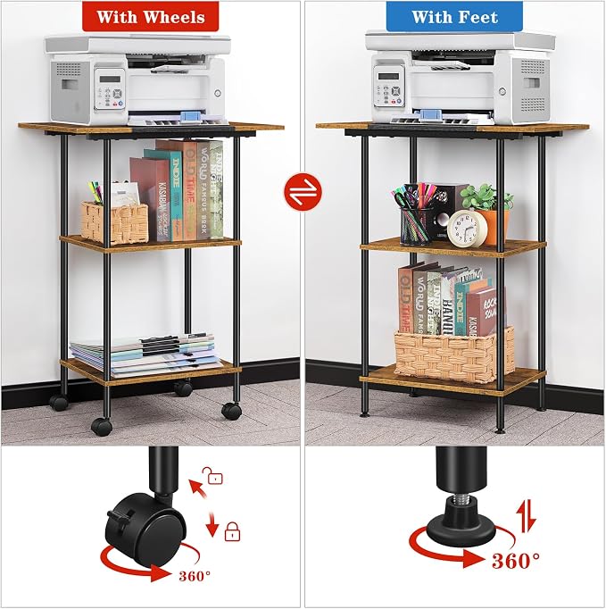 Large Printer Stand with Storage Rolling Printer Cart with Wheels 3 Tier Printer Table with Storage Shelf for Home Office Filing Scanner Fax Machine Heat Press Microwave, Rustic Brown