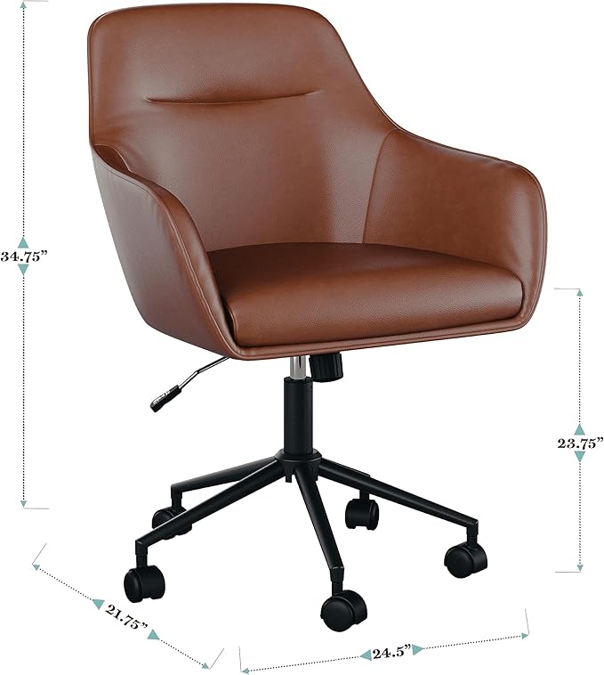 Martha Stewart Rayna Swivel Task Chair with Flared Arms for Home Office in Saddle Brown Faux Leather with Oil Rubbed Bronze Frame