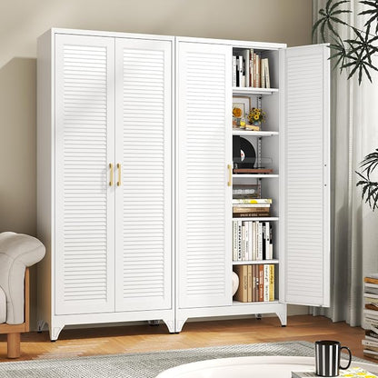 75" Metal Pantry Cabinet,Kitchen Storage Cabinet with Shelves | Louvered Metal Storage Cabinet,Adjustable Shelves,Gold Handles,Leveling Feet,Anti-tipping,for Garage/Kitchen White
