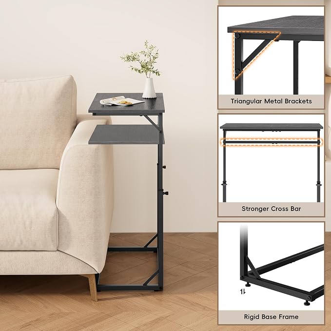 Vagusicc C Shaped End Table for Couch, 33.5''Tall C-Table End Table Adjustable Height Side Tables, Large Surface Sofa Tables TV Tray, Slide Under Couch Tables for Sofa, Living Room,Bedroom,Gray Walnut
