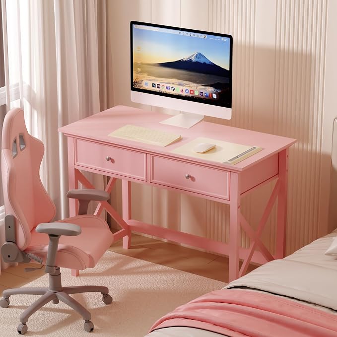 Lewahom Writing Computer Desk with Drawers, Cute Modern Table for Bedrooms, Pink Vanity Table Office Desk with Drawers, Home Computer Desk for Girls Living Room Entryway, Pink