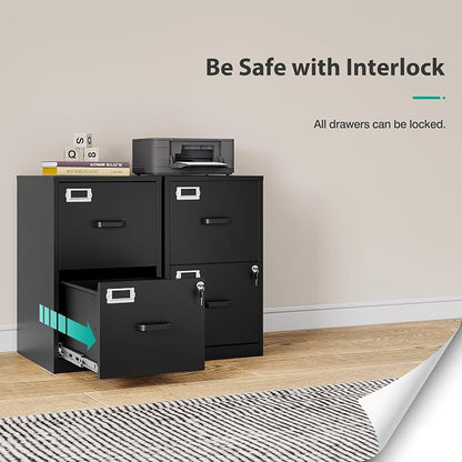 SISESOL 2 Drawer File Cabinet with Lock,Narrow Vertical Filing Cabinet,Under Desk File Cabinets,Black Metal File Cabinets for Home Office,Fit Letter/A4/Legal Size File, Easy Assembly