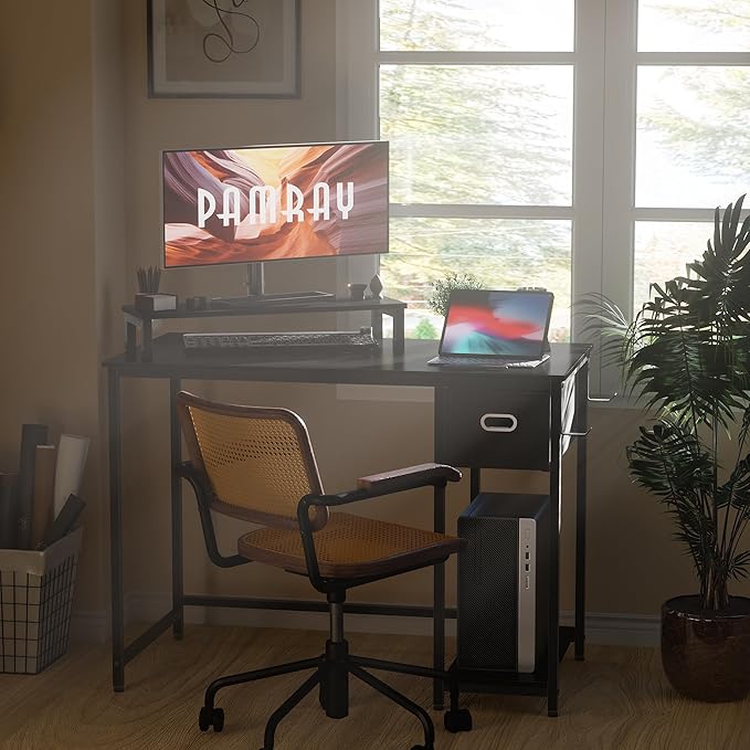 Pamray 39 Inch Computer Desk with Monitor Stand Small Home Office Desks with Non-Woven Storage Drawer for Bedroom Study Table Writing and Work Desk Black