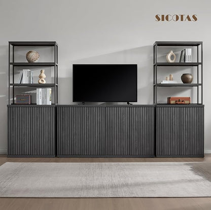 SICOTAS Fluted Book Shelf with Doors - 75" Tall Bookshelf with Storage 6 Tier Large Bookcase with Bottom Cabinet - Modern Metal Book Case for Living Room, Home Office, Kitchen and Library, 1 Piece