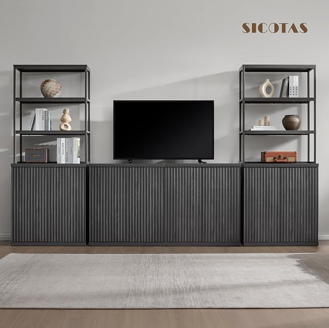 SICOTAS Fluted Bookshelf with Doors - 75" Tall Book Shelf with Storage 6 Tier Large Bookcase with Bottom Cabinet - Modern Metal Book Case for Living Room, Home Office, Kitchen and Library, 2 Pieces