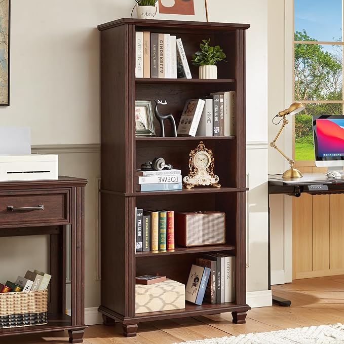 SAVOR LIFE 70" Tall Walnut Bookshelf,5 Tier Wooden Book Shelf with Adjustable Shelves & Wood Legs,Free Standing Farmhouse Bookcase with Open Display Storage,Vintage Bookshelves for Classroom, 3PCS