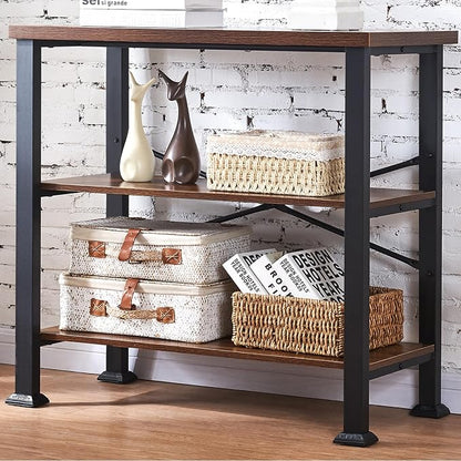 HOMBAZAAR 3 Tier Bookshelf,Rustic Brown Industrial Book Shelf,Engineered Wood and Metal Small Bookcases,Low Shelf Bookcase for Living Room,Office,Bedroom and Kitchen