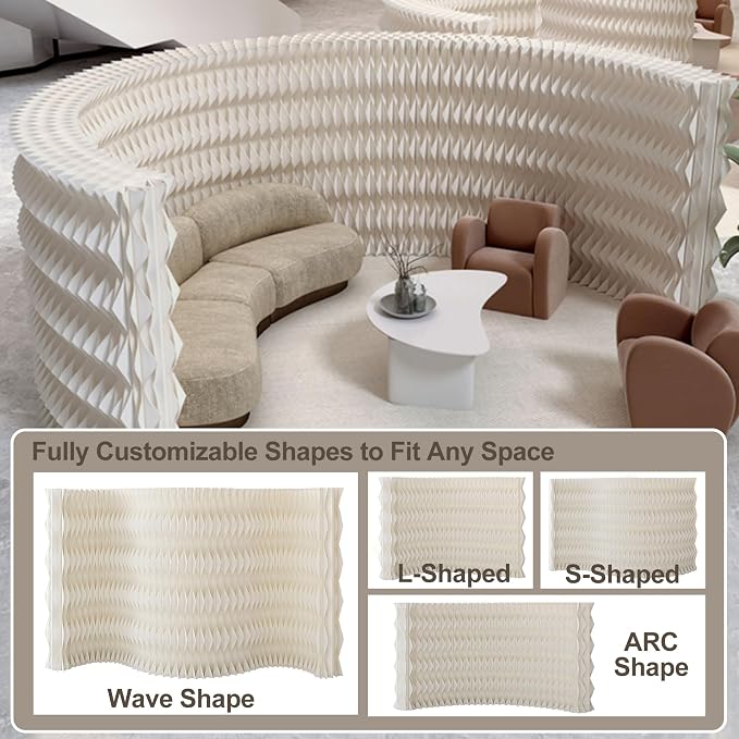 Accordion Kraft Paper Room Divider, 3D Diamond Wave Privacy Screen, Modern Freestanding Folding Partition, No Drill & Portable for Home Office Studio Salon White