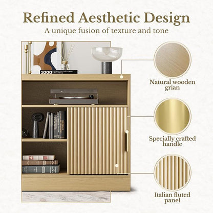 File Cabinet with Sliding Door, 32'' Fluted File Cabinet with Open Adjustable Shelves, Wood Filing Cabinet for Home Office, Light Walnut