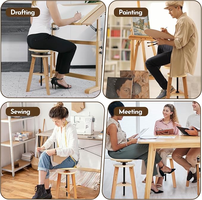 conda Adjustable Height Wooden Drafting Stool 20" to 25", Beech Wood Artist Stool for Drafting, Painting, Office, Studio, Kitchen, Bar, and Home Use