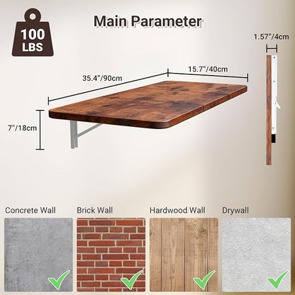 Neoaider Wall Mounted Folding Desk 35.4” x 15.7”, Drop Down Table with Metal Collapsible Brackets, Folding Wall Table for Small Spaces, Home, Office, Kitchen, Laundry Room-Brown