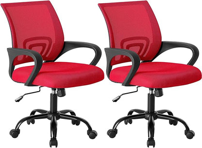OLIXIS Office Desk Chair - Ergonomic Mid Back with Lumbar Support & Rocking Mode, Height Adjustable with Fixed Armrest, for Home, Computer, Gaming, Conference, Meeting Room, 360° Swivel, Red, 2 Pack