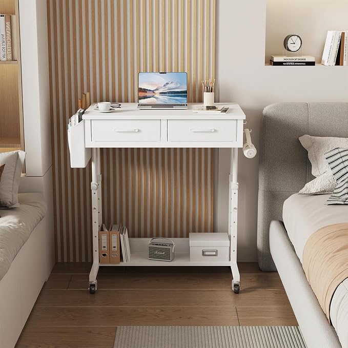 WINAZ Small Rolling Desk with Drawers & Storage - 32 Inch Adjustable Height Standing Desk on Wheels for Teachers, Students, Portable Mobile Workstation for Home Office, Small Spaces, Sewing & Crafts