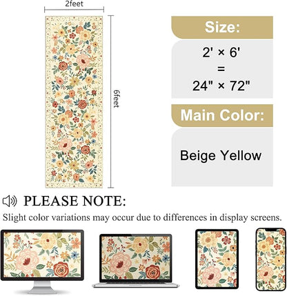 DUKINO 2x6 Runner Rug for Hallway, Washable Kitchen Runner Rug with Non Slip Backing, Low Pile Soft Boho Floral Runner for Kitchen, Hallway, Entryway, Laundry, Bedroom, Beige Yellow