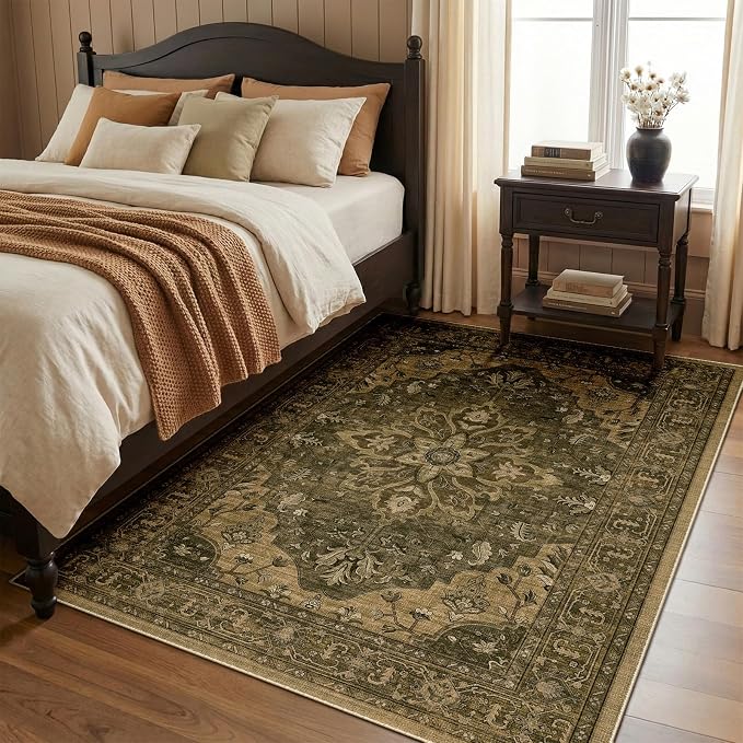 RELEANY Area Rugs 5'x7' Washable Non-Slip, Floral Vintage Distress Medallion Carpet for Living Room Bedroom Dining Room, Brown Dark Brown