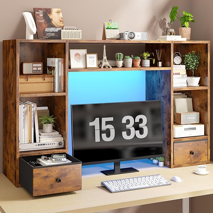 REIBII Desktop Bookshelf with LED Lights,47.2" Desktop Organizer with 6 Shelves and 2 Drawers for Top of Desk,Multipurpose Desk Hutch Dorm with Adjustable Shelves for Home and Office,Rustic Brown