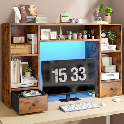 REIBII Desktop Bookshelf with LED Lights,47.2" Desktop Organizer with 6 Shelves and 2 Drawers for Top of Desk,Multipurpose Desk Hutch Dorm with Adjustable Shelves for Home and Office,Rustic Brown