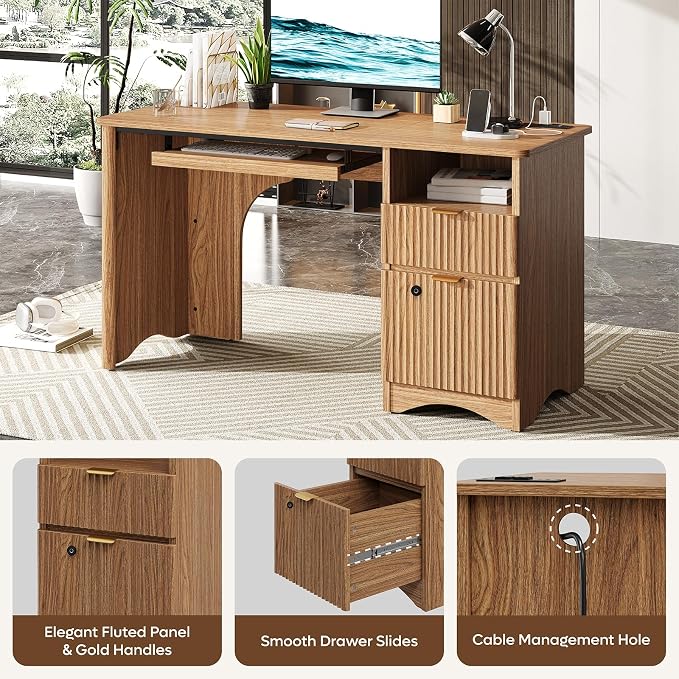 Bestier 55 Inch Wood Computer Desk with Fingerprint Lockable Drawers and Keyboard Tray,Modern Home Office Desk with File Drawer & Charging Station, Oak Wooden Desk for Work, Brown