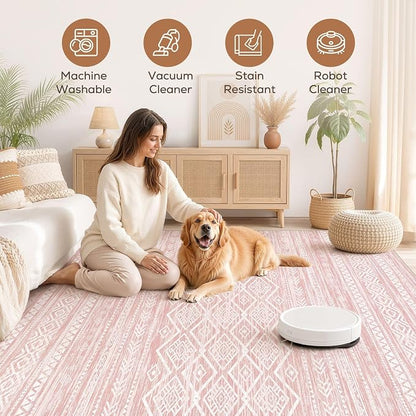 Nakagishi Area Rug Living Room Rugs: 10x12 Large Soft Machine Washable Boho Moroccan FarmNeutral Stain Resistant Indoor Floor Carpet for Bedroom Under Dining Table Home Office Decor-Pink