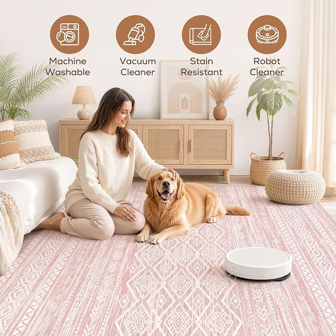 Nakagishi Area Rug Living Room Rugs: 7x9 Large Soft Machine Washable Boho Moroccan FarmNeutral Stain Resistant Indoor Floor Carpet for Bedroom Under Dining Table Home Office Decor-Pink