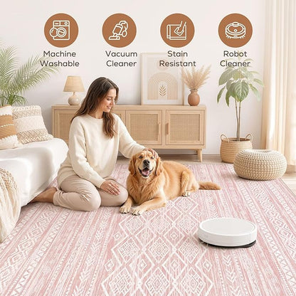 Nakagishi Area Rug Living Room Rugs: 10x14 Large Soft Machine Washable Boho Moroccan FarmNeutral Stain Resistant Indoor Floor Carpet for Bedroom Under Dining Table Home Office Decor-Pink