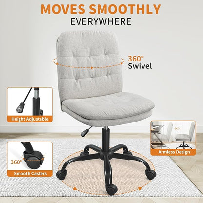 Home Office Desk Chair Comfy - Armless Criss Cross Chair with Wheels Vanity Chair Office Chairs Rolling Swivel Height Adjustable for Adults - Beige