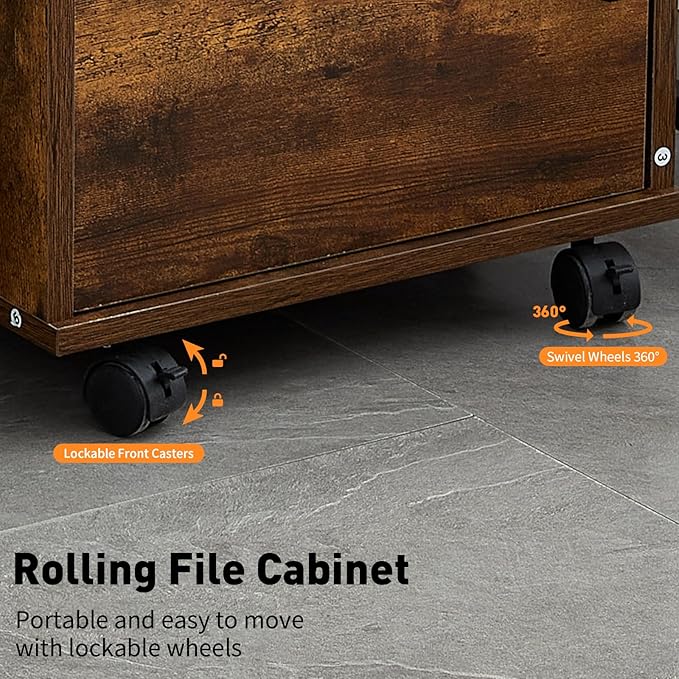 OFCASA 2 Drawer File Cabinet with Lock, Small Rolling Filing Cabinets for Home Office, Wood Under Desk File Cabinet with Wheels, Mobile Storage Organizer, Printer Stand for Letter/Legal, Rustic Brown