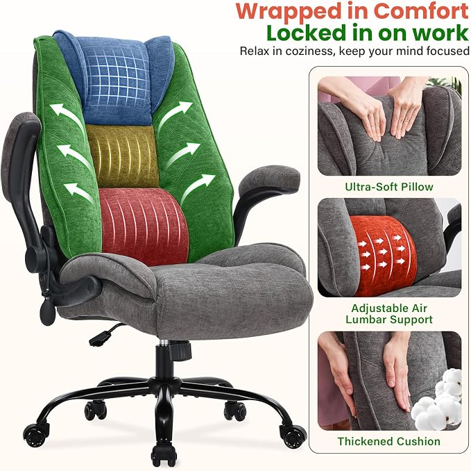 CIOMAN 500lbs Big and Tall Office Chair with Inflatable Lumbar Support for Back Pain, Executive Office Chair with Flip Up Arms and Rocking Function, Wide Cushion Computer Chair for All-Day Sitting