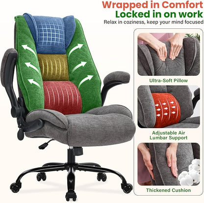 CIOMAN 500lbs Big and Tall Office Chair with Inflatable Lumbar Support for Back Pain, Executive Office Chair with Flip Up Arms and Rocking Function, Wide Cushion Computer Chair for All-Day Sitting