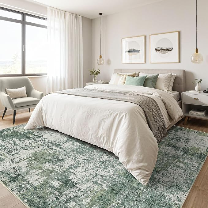 9x12 Area Rug Living Room: Washable Large Abstract Soft Stain Resistant Indoor Floor Rugs Non-Slip Accent Carpet for Bedroom Nursery Playroom Office Dining Room Home House- Dark Green