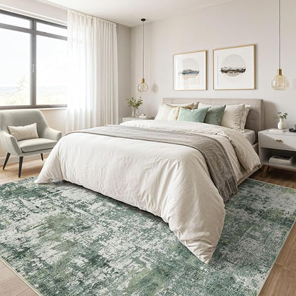 9x12 Area Rug Living Room: Washable Large Abstract Soft Stain Resistant Indoor Floor Rugs Non-Slip Accent Carpet for Bedroom Nursery Playroom Office Dining Room Home House- Dark Green