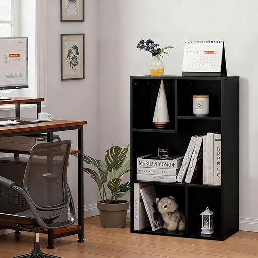 VECELO 5 Cube Modern Bookcases, 3 Tier Bookshelves,31 Inch High Cubby Storage Organizer，Shelf Hight Up to 12.8 Inches Suit for Most Books,Vertical or Horizontal Use Available,Vintage Black