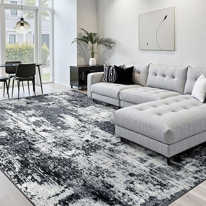 RELEANY Washable Area Rugs 4'x5' Non-Slip Modern Abstract Soft for Living Room Entryway Bedroom Kitchen, Print Pattern, Black Navy Blue Gray