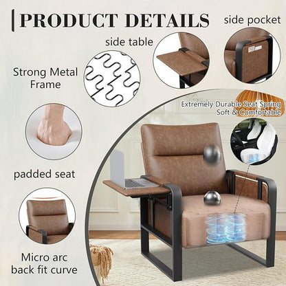 Alunaune Upholstered Living Room Chair Armchair, Mid Century Faux Leather Metal Accent Chair, Reception Couch Office Guest Chair Slipper Club Lounge Single Sofa with Sidetable for Bedroom-Brown